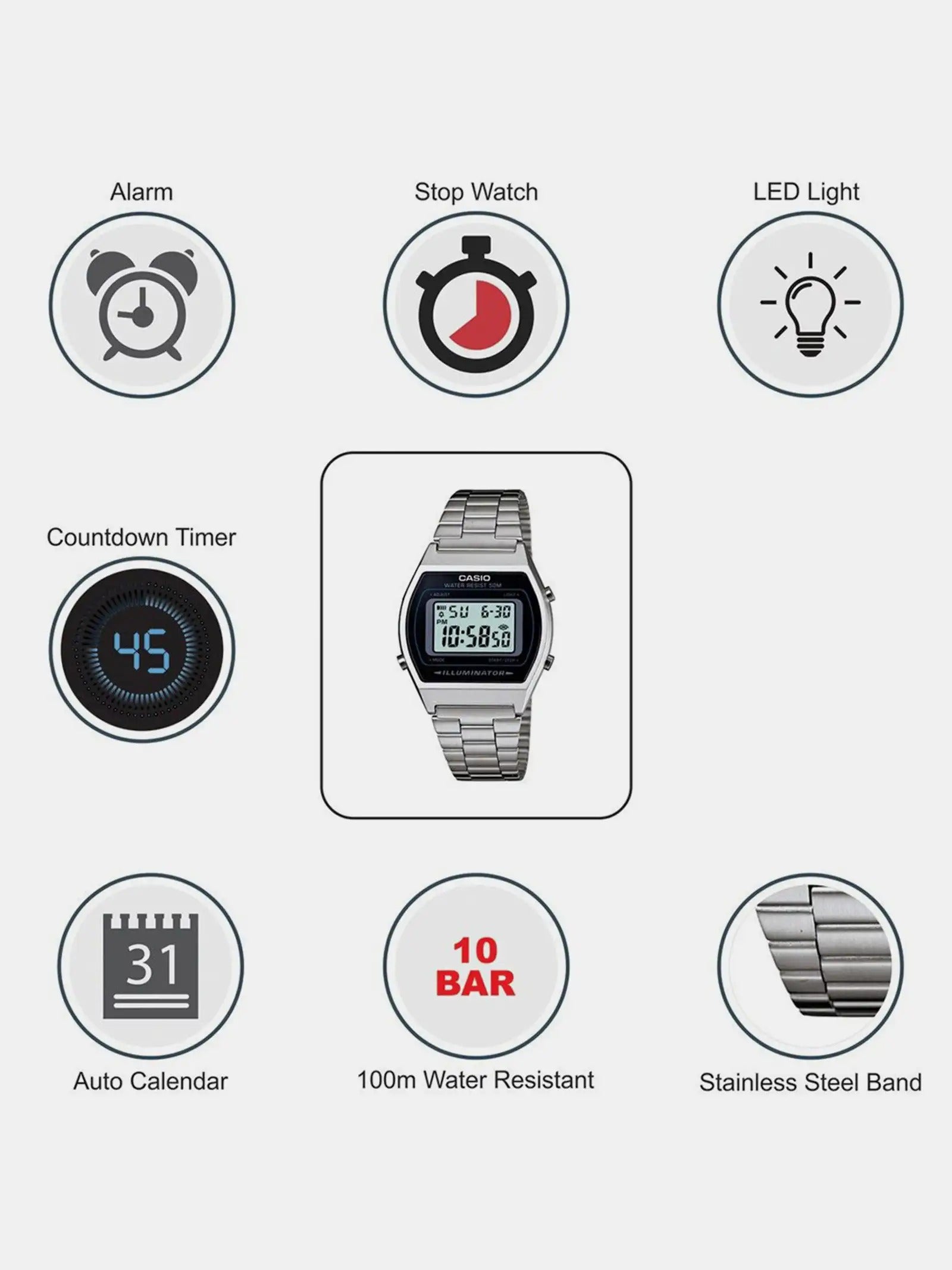 Casio Vintage Quartz Silver Digital Stainless Steel Unisex Watch B640WD-1AVDF