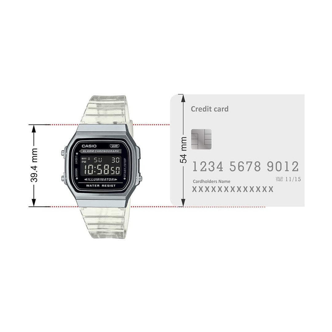 Casio Vintage Digital Black Dial Stainless Steel case Transparent Resin Strap Unisex Watch A168XES-1BDF