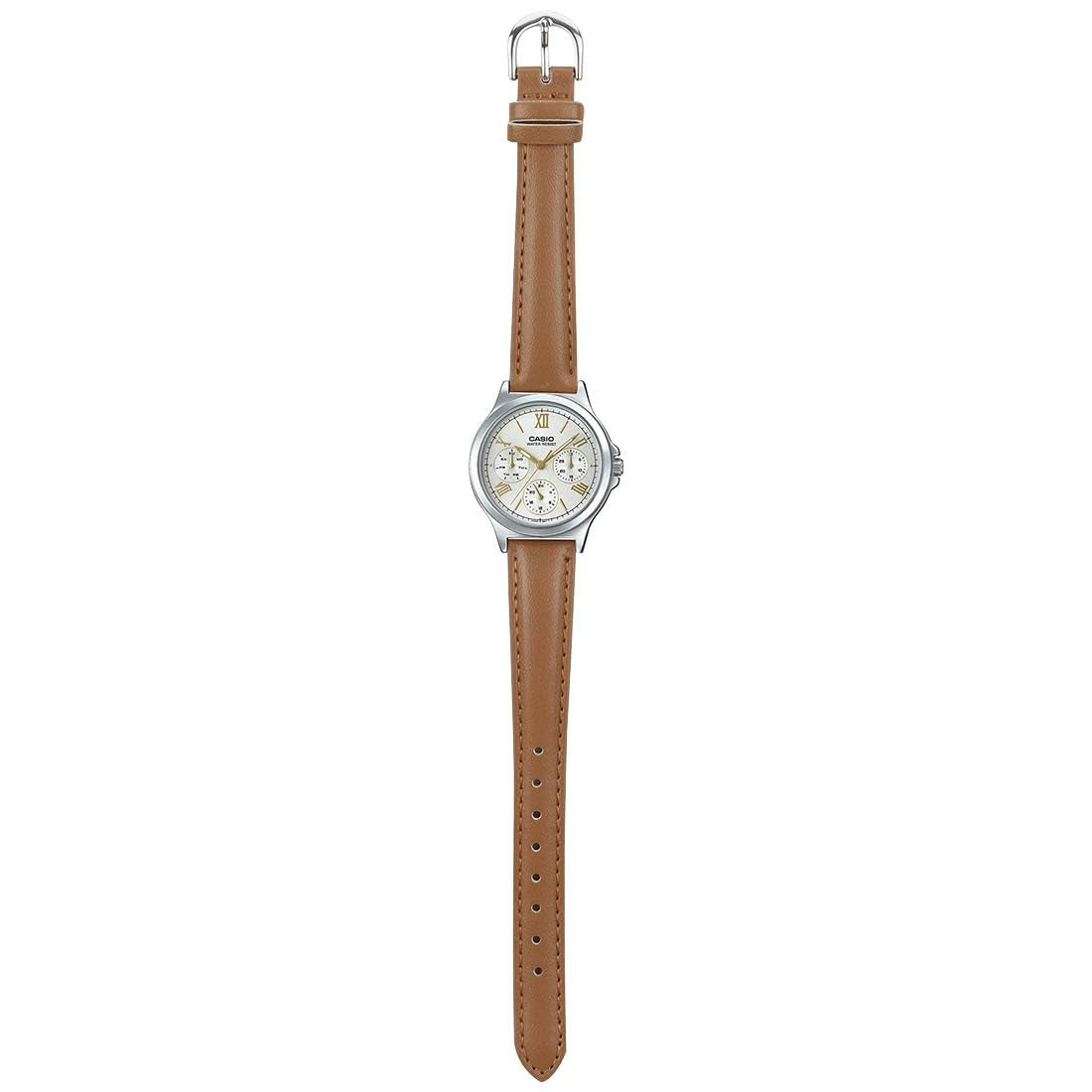 Casio Enticer Analog White Dial Stainless Steel Brown Leather strap Women's Watch LTP-V300L-7A2UDF (A1703)