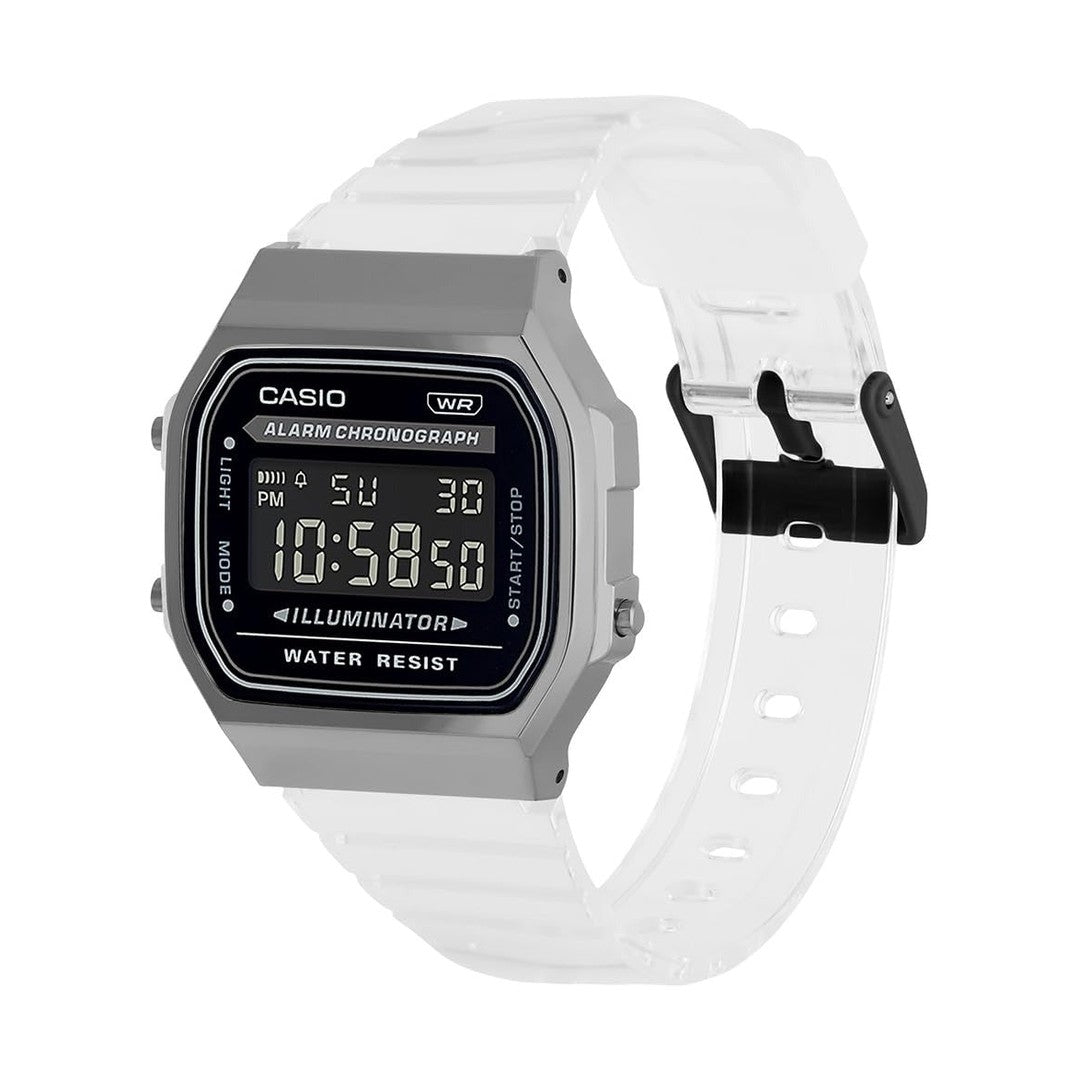 Casio Vintage Digital Black Dial Stainless Steel case Transparent Resin Strap Unisex Watch A168XES-1BDF