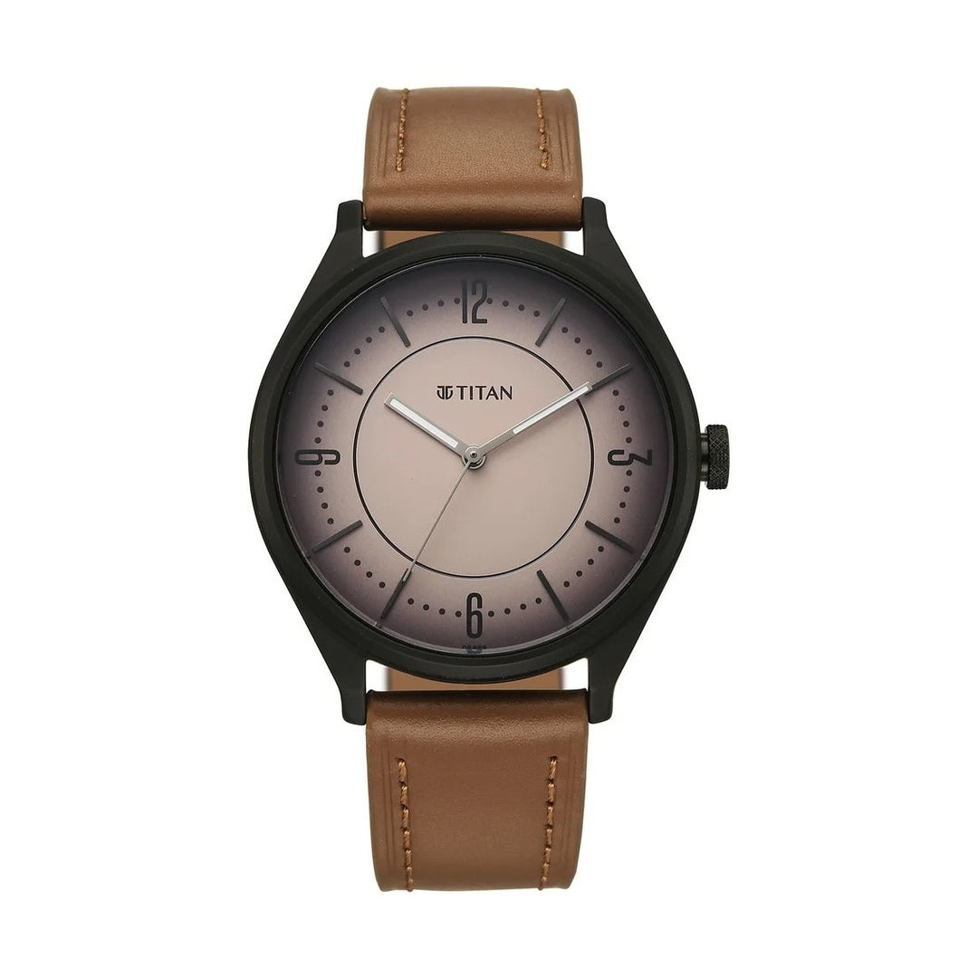 Titan Neo Basics Analog with Beige Dial Brown Leather Strap Watch for Men - 1802NL03