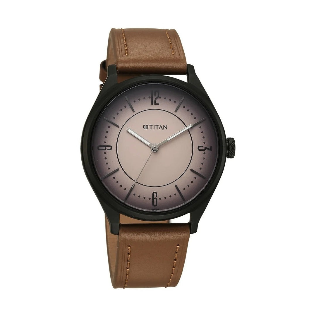 Titan Neo Basics Analog with Beige Dial Brown Leather Strap Watch for Men - 1802NL03