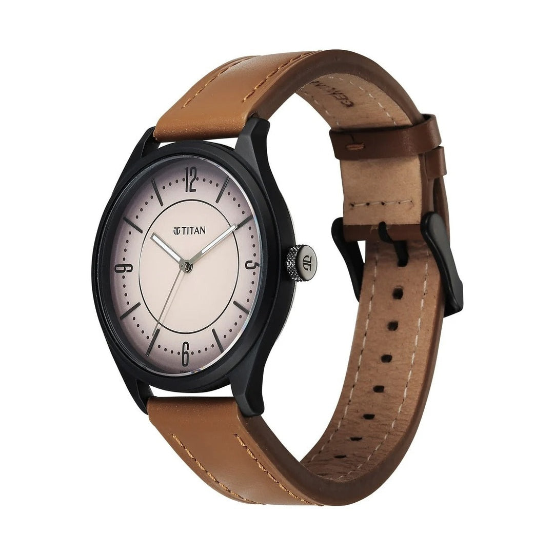 Titan Neo Basics Analog with Beige Dial Brown Leather Strap Watch for Men - 1802NL03