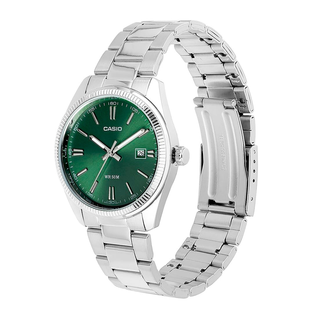 Casio Enticer Analog Green Dial Silver Stainless Steel Bracelet Men's Watch  MTP-1302PD-3AVEF