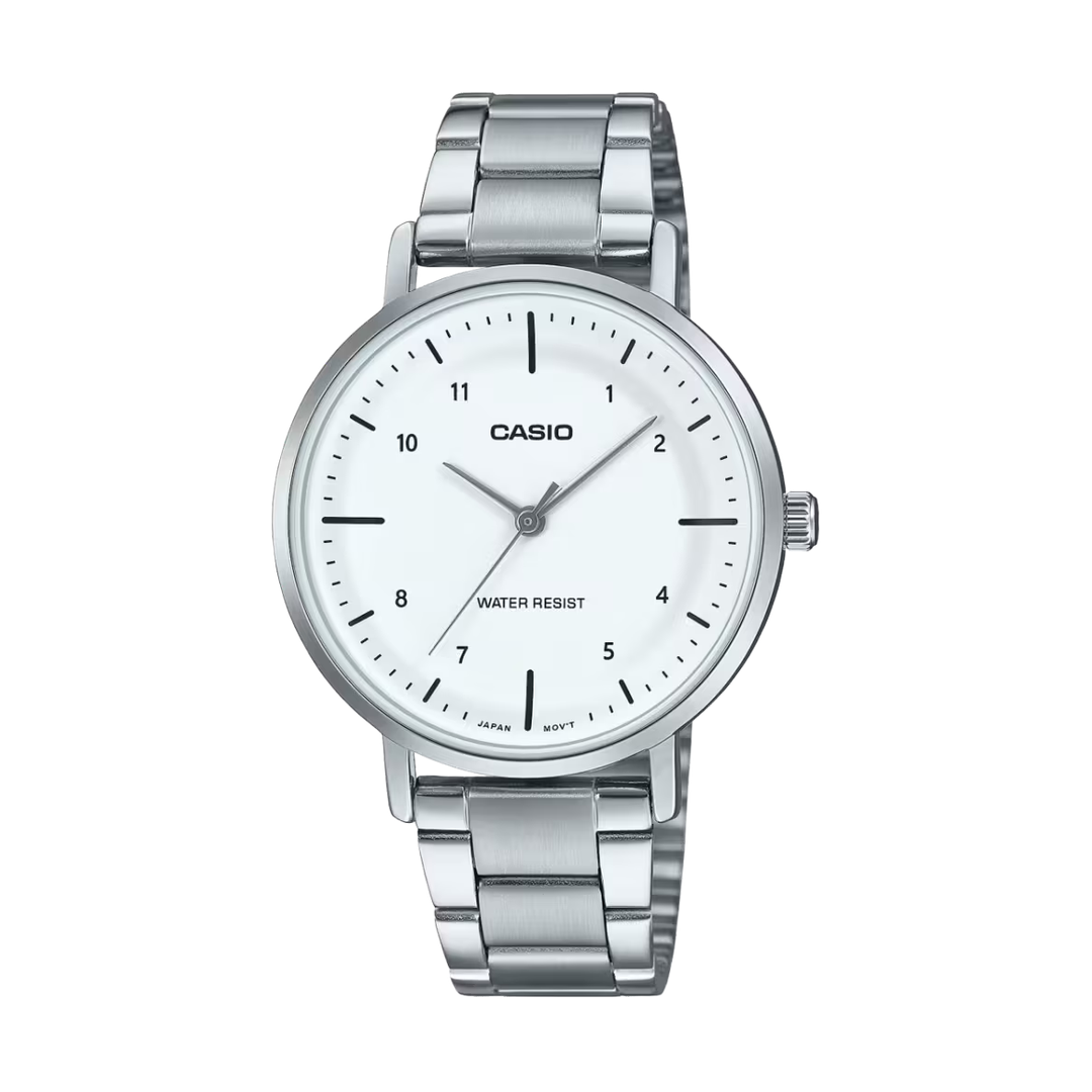 Casio Enticer Silver White Dial Stainless Steel Leather Analog Watch LTP-VT03D-7BDF