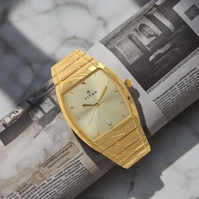 Titan Rectangle Champagne Dial Analog with Date Stainless Steel Strap watch for Men - NU9315YM02