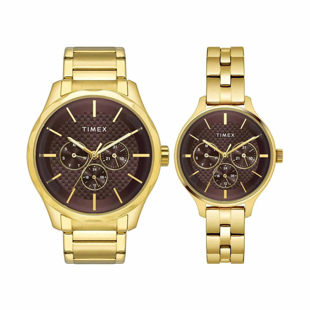 Timex Fashion Quartz Brown Dial Chronograph Stainless Steel Couple Watch TW00PR297