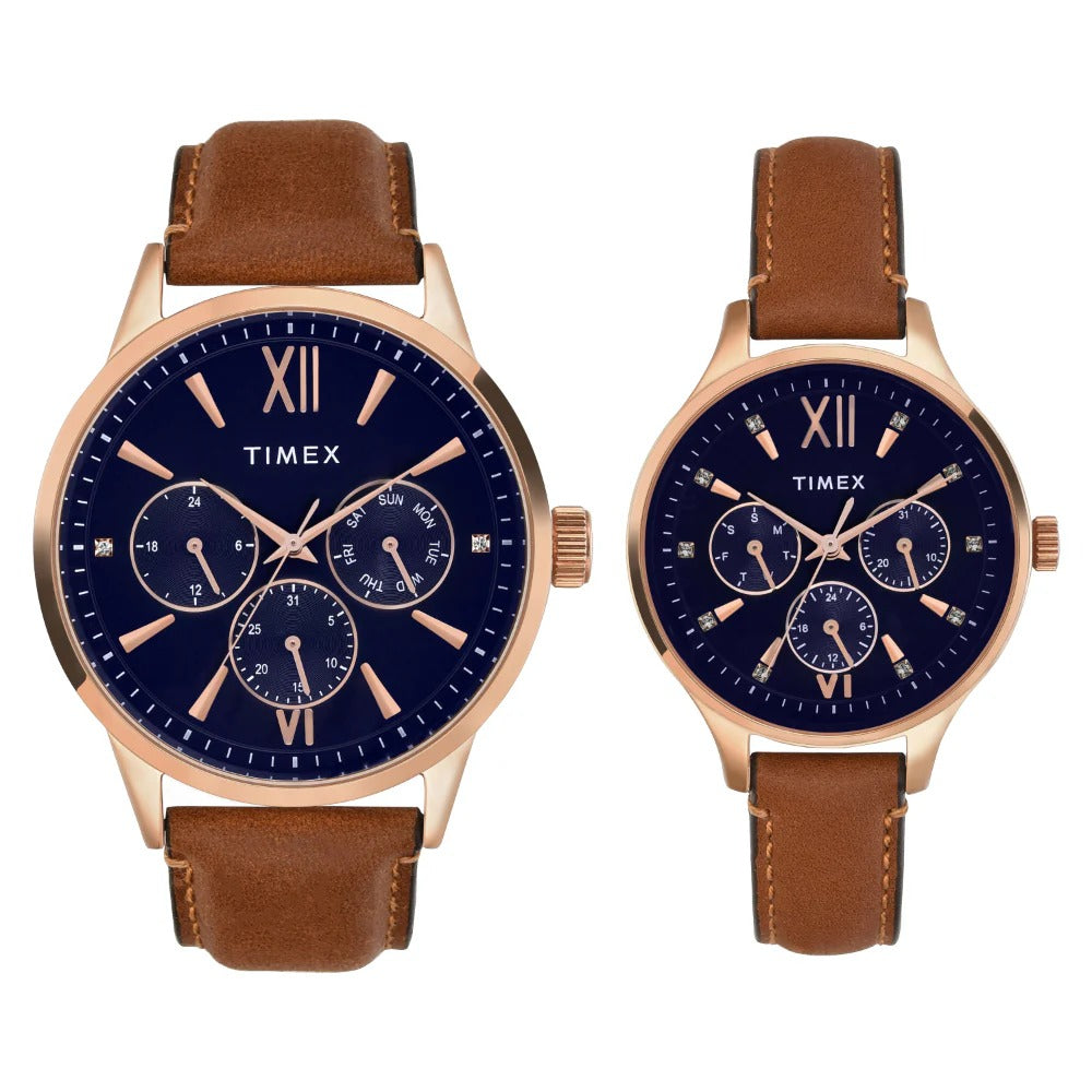 Timex Multi-Function Quartz Blue Dial Leather Couple Watch TW00PR302