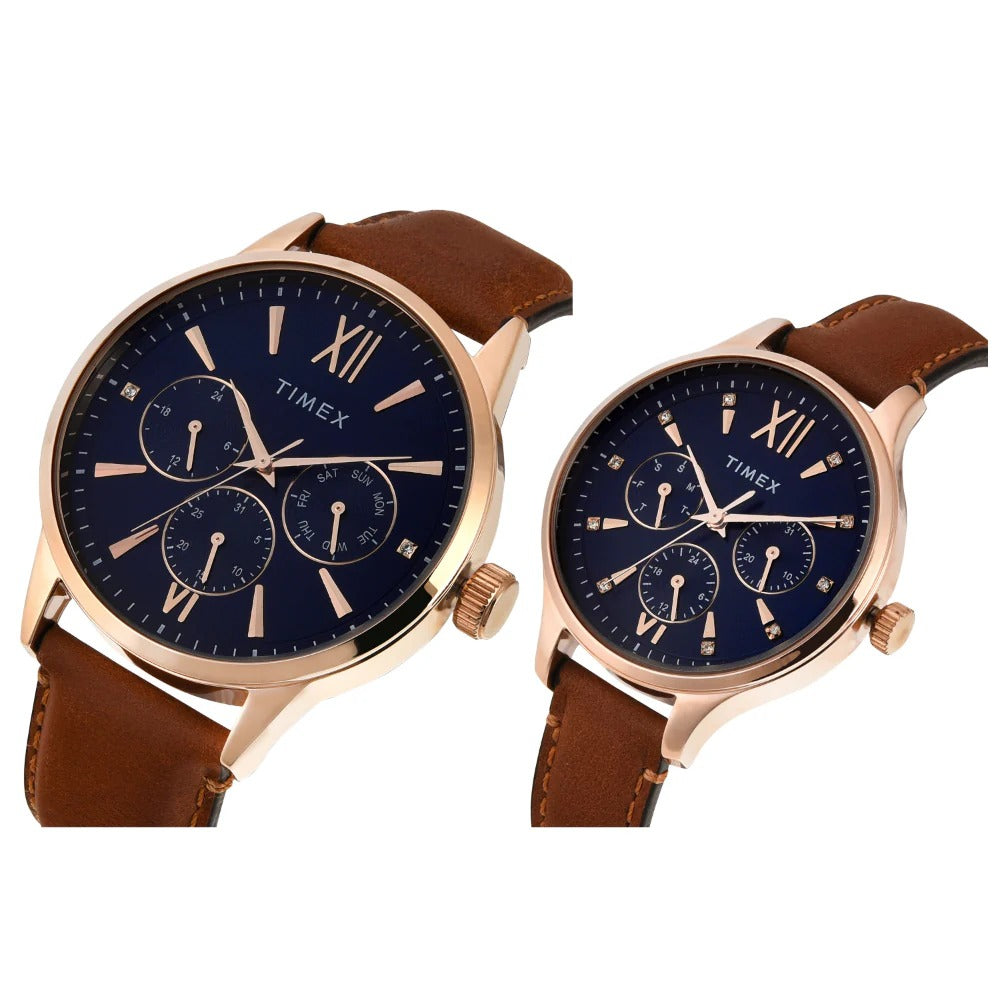 Timex Multi-Function Quartz Blue Dial Leather Couple Watch TW00PR302