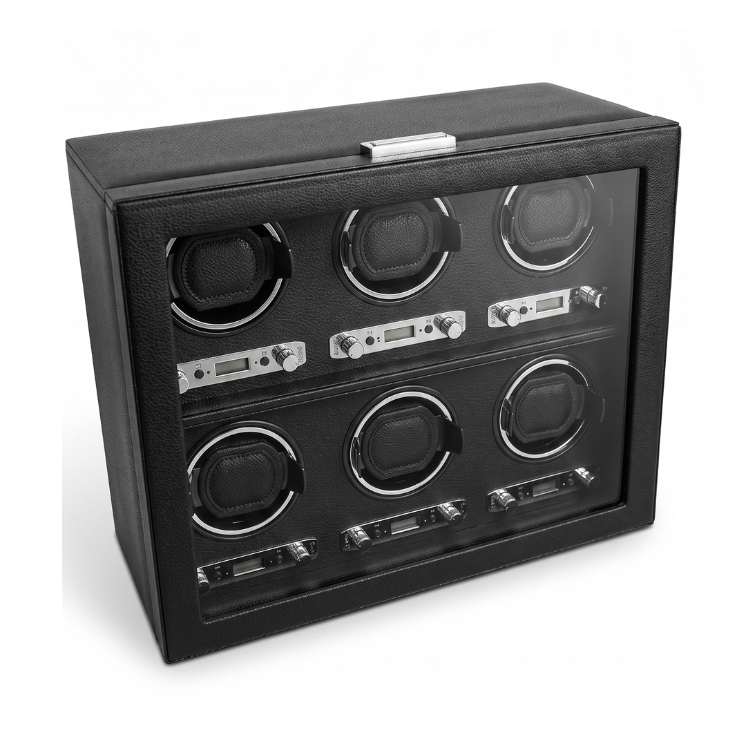 Luxury 6 Slot Watch Winder for Automatic Watches – Silent Japanese Motor with LED Display & Premium Leather Finish – Black